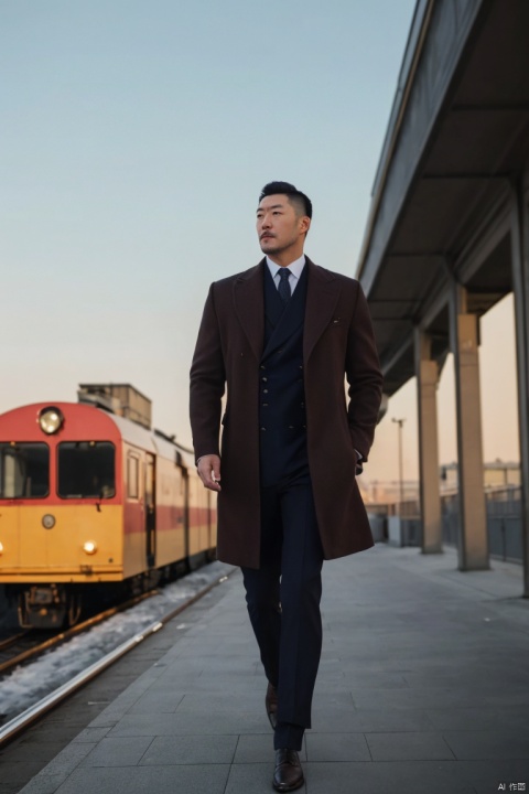  1man,male focus,(masterpiece, realistic, best quality, highly detailed,profession),asian,exquisite facial features,handsome,deep eyes,large pectorales,(full shot),walking down the platform,outdoors,golden hour lighting,winter,80s movie,from below,depth of field,cinematic_angle,