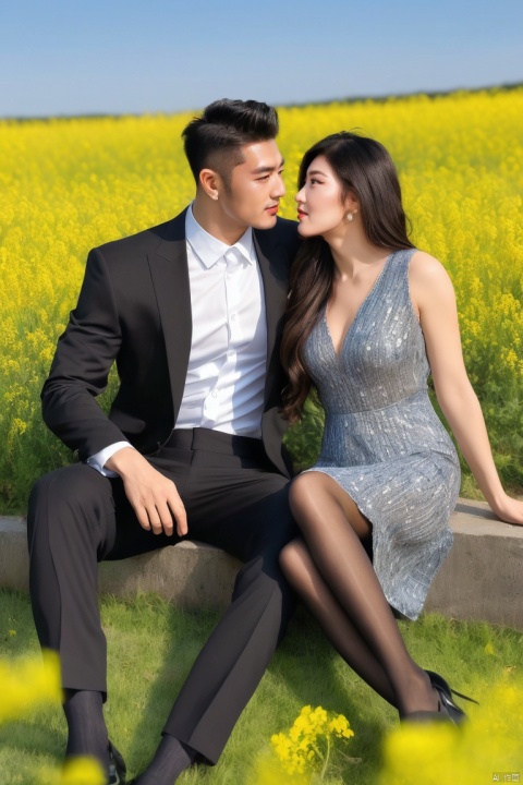  👫,a Handsome man and a sexy woman cludding,sitting,imminent kiss,Asian,exquisite facial features,(muscular man wearing formal suit,formal sheer socks,footwear), (slim woman wearing black Mosaic dress which sways with the wind,pantyhose), face to face, affectionate, charming eyes, surrounded by blooming canola flowers. Volumetric lighting,full shot,Ultra High Resolution,profession,High-end fashion photoshoot,(masterpiece, realistic, best quality, highly detailed),jzns,plns, pantyhose, pjcouple