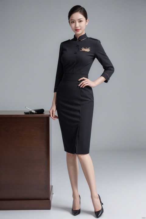  plns,kongjie,1girl,aviation uniforms,asian,pretty,Charming,exquisite facial features,short hair,pencil skirt,black pantyhose,high heels,standing,simple_background,full shot,blurry,(masterpiece, realistic, best quality, highly detailed, profession), dress