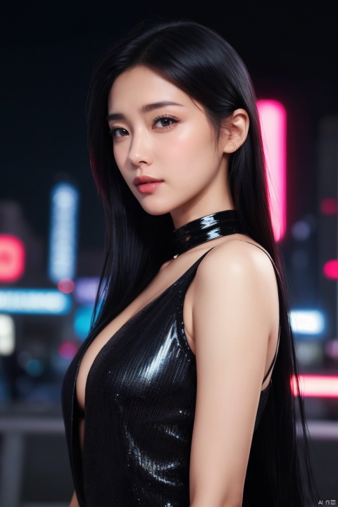  1girl,asian,solo,pretty,charming eyes,exquisite facial features,sideways, sexy lips,with long black hair, outdoors,meteor shower,dark,((futurism)),(masterpiece,hyperrealistic,best quality,highly detailed,highres,colorful,cyberpunk),plns