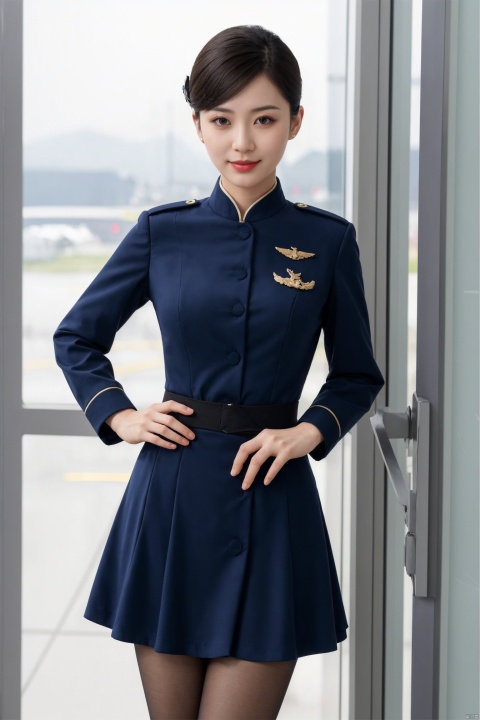 plns,kongjie,1girl,aviation uniforms,asian,pretty,Charming,exquisite facial features,skirt,dress,pantyhose,full shot,blurry,(masterpiece, realistic, best quality, highly detailed, profession),