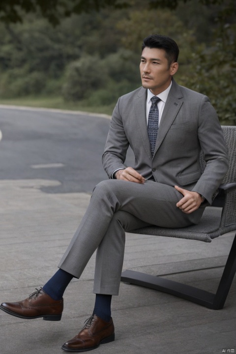  jzns, zuk,1man,male focus,asian,40y.o,exquisite facial features,handsome,grey Long sleeves shirt,armband,necktie,pants,(navy sheer socks),footwear,sitting,crossed legs,Volumetric lighting,blurry,full shot,outdoors,masterpiece, realistic, best quality, highly detailed, Ultra High Resolution,profession,hbing