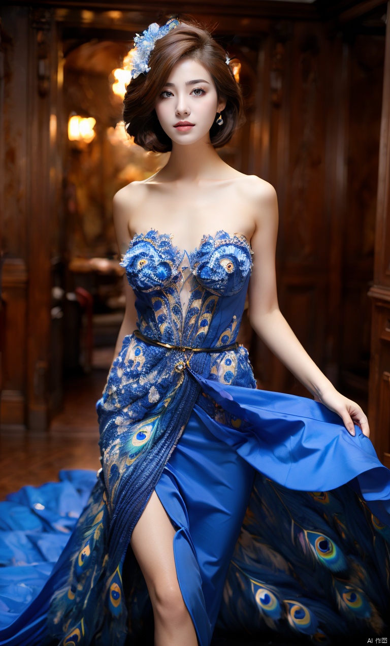  Masterpiece, best quality, bust, 1girl, Peacock princess, blue dress, exquisite face, sexy, white skin, Big breasts, HD photography, (Peacock) , ((poakl)), plns,laxu