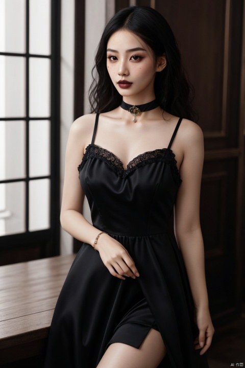 plns,yujie,1girl,solo,taking fashion photo,model pose,asian,pretty,Charming ,exquisite facial features,mole,model pose,choker, jewelry, curly hair,gothic dress,leaning,Volumetric lighting,full shot,High-end fashion photoshoot,blurry,masterpiece, (realistic:1.5), best quality, highly detailed,