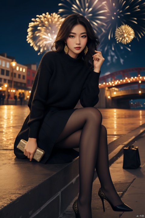  1girl,fashion model,female focus,(masterpiece, realistic, best quality, highly detailed, profession),asian,pretty,Charming eyes,exquisite facial features,bangle,sweater,dress_shirt,skirt,black pantyhose,high heels,sitting,night,neon,beach of city,new year,cowboy shot,cinematic composition,blurry,plns,sw, fireworks