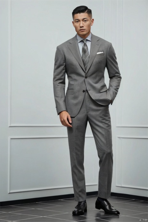  1man,solo,male focus,asian,exquisite facial features,handsome,muscular,grey suit,grey pants,footwear,standing,full body,(masterpiece, realistic, best quality, highly detailed,profession),jzns,brxu