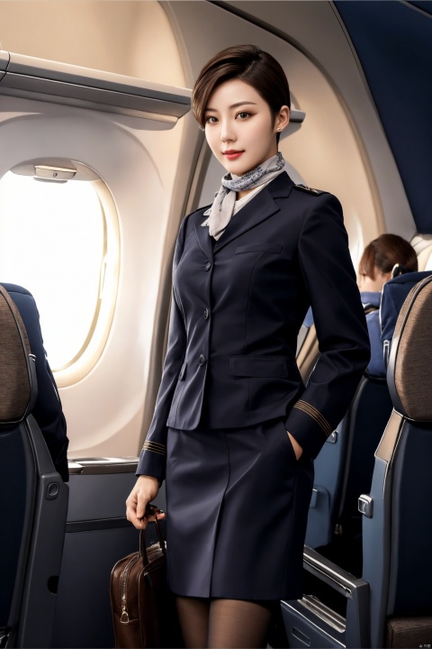  1girl,fashion model,female focus,(masterpiece, realistic, best quality, highly detailed, profession),asian,pretty,Charming eyes,exquisite facial features,short hair,skirt,aviation uniforms,black pantyhose,high heels,scarf,standing,in airplane,full shot,blurry,plns,kongjie
