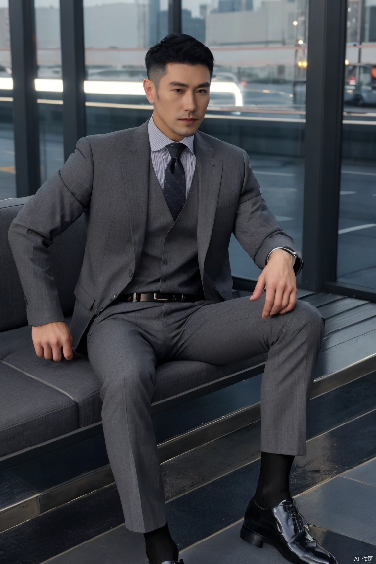  1man,fashion model,male focus,(masterpiece, realistic, best quality, highly detailed,profession),asian,exquisite facial features,handsome,deep eyes,pectorales, tight grey suit,belt,pants,shinny black sheer socks,footwear,Business fashion,dynamic pose,(cross-legged:1.2),in city,night lighting,neon,full body,from below,blurry,jzns, Light master