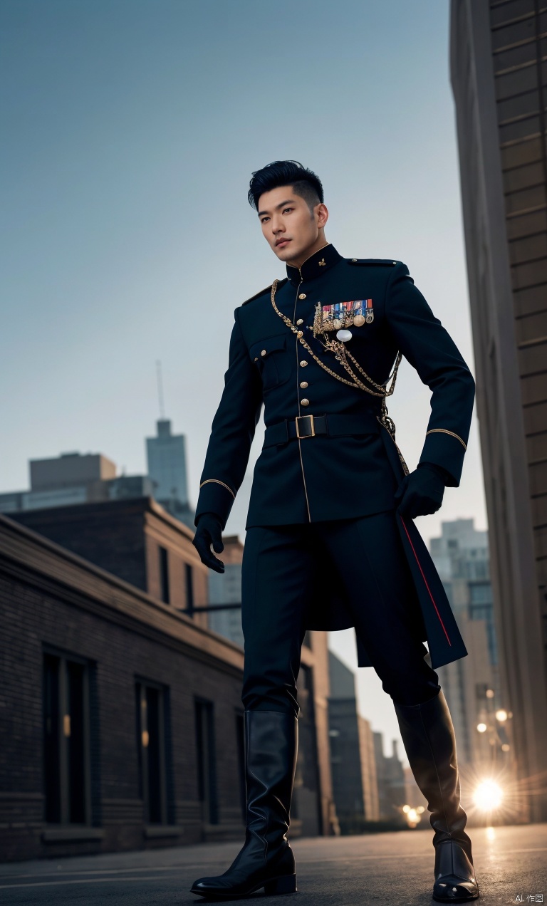  1man,asian,exquisite facial features,handsome,tall,male focus,military_uniform,(black knee_boots),gloves,armband,muscular,full body,model pose, (ambient light),(cinematic composition),Accent Lighting,Volumetric lighting,blurry,best quality, hyper realism, (ultra highresolution),masterpiece,8K,RAWPhoto,full shot,High-end fashion photoshoot,outdoors,Dynamic angle, jzns