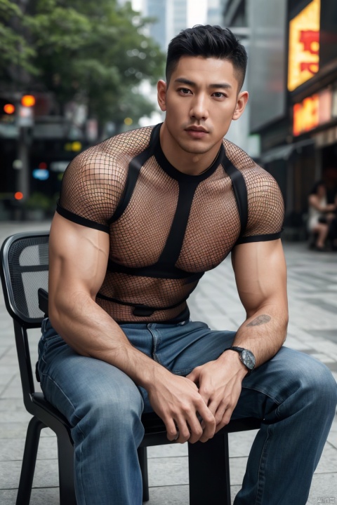  1man,(masterpiece, realistic, Realism, best quality, highly detailed, 8K Ultra HD, sharp focus, profession),asian,exquisite facial features,deep eyes,handsome,male focus,muscular,fishnet_top,sitting,full body,close_up,soft lighting,blurry,outdoors,cyberpunk,Dynamic angle,1man, jzns