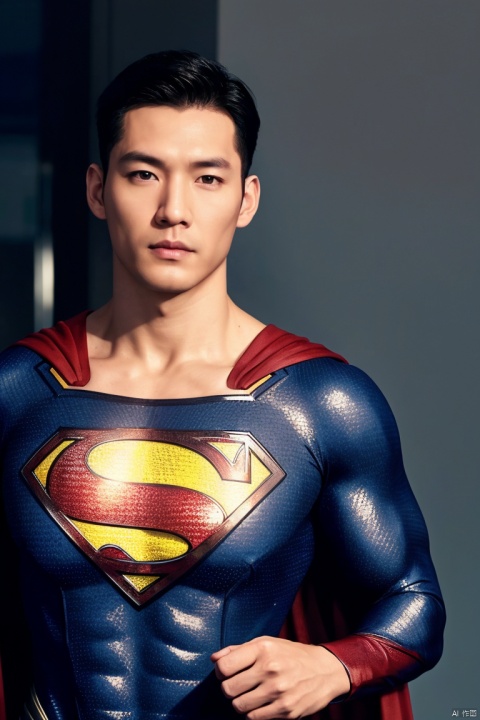 1man,superman uniform,(masterpiece, realistic, Realism, best quality, highly detailed, 8K Ultra HD, sharp focus, profession),asian,exquisite facial features,deep eyes,handsome,male focus,muscular,full body,outdoors,soft lighting,Dynamic pose,