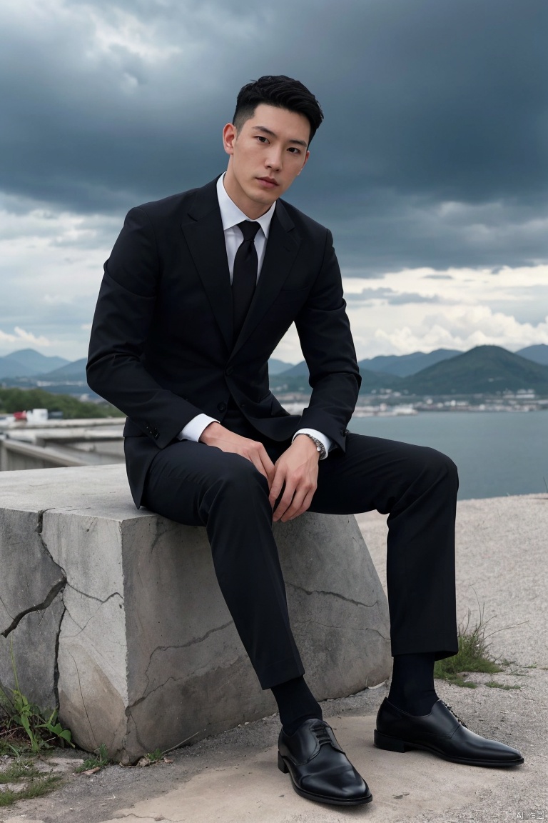 1man,male focus,asian,exquisite facial features,handsome,deep eyes,muscular,suit,pants,black sheer socks,footwear,dark clouds,cumulonimbus,solitary and mysterious atmosphere,graceful yet melancholic posture,full shot,dutch angle,from_side,medium_shot,outdoor,natural landscape,dramatic,Tyndall effect,(masterpiece, realistic, best quality, highly detailed, Ultra High Resolution, Photo Art, profession),jzns,br