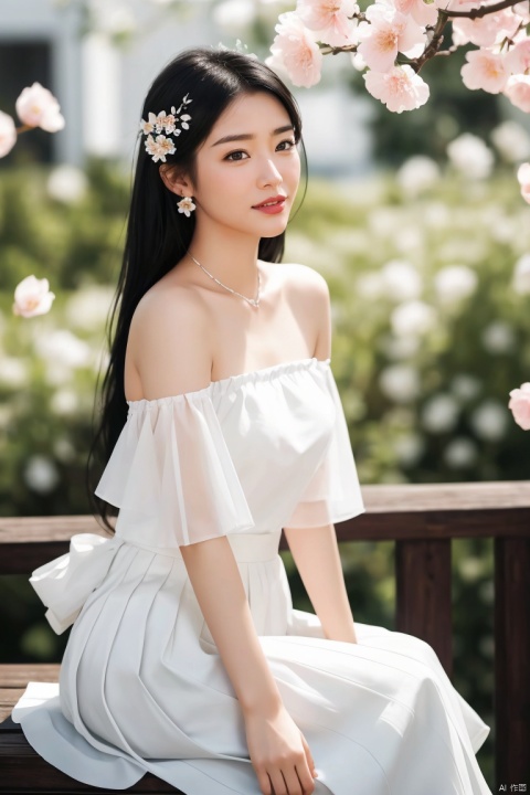 1girl,asian,solo,pretty,charming,exquisite facial features,sideways, with long black hair, fancy hairpins, sitting position, enjoying expression, wearing a shoulder length light gauze skirt, white skirt, transparent light gauze, pure white skin, surrounding petals, petal decoration background, lips, hair flowers, blurred background in the distance, depth of field scene, best proportion, best quality, 8k - HD, high-resolution,plns
