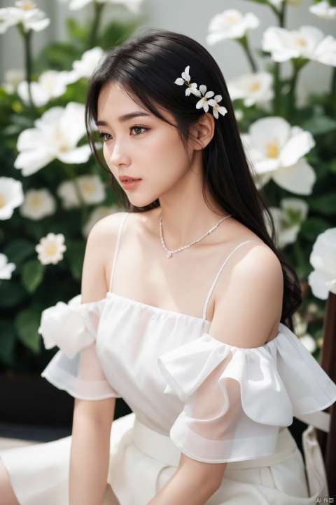  1girl,asian,solo,pretty,charming,exquisite facial features,sideways, with long black hair, fancy hairpins, sitting position, enjoying expression, wearing a shoulder length light gauze skirt, white skirt, transparent light gauze, pure white skin, surrounding petals, petal decoration background, lips, hair flowers, blurred background in the distance, depth of field scene, best proportion, best quality, 8k - HD, high-resolution,plns