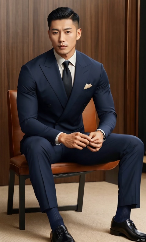  1man,Asian,solo,male focus,exquisite facial features,handsome,charming,muscular,black suit,pants,(navy sheer socks),footwear,bulge,masterpiece,realistic,best quality,highly detailed, jzns, jznssw