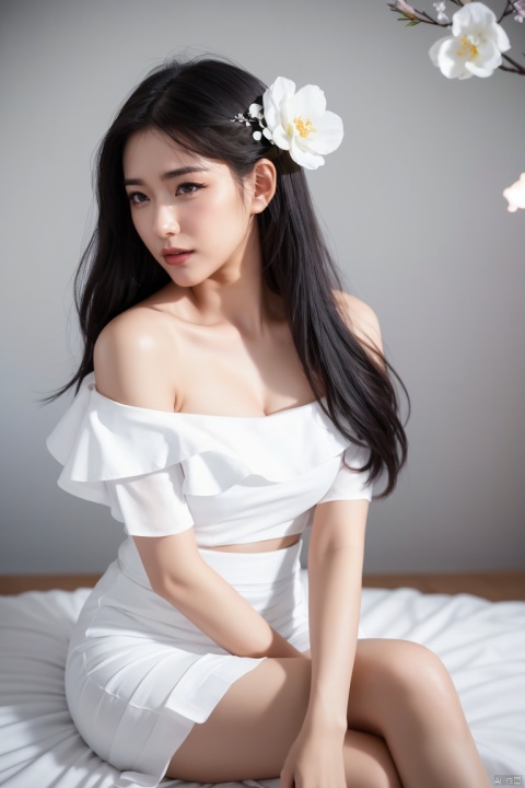  1girl,asian,solo,pretty,charming,exquisite facial features,sideways, with long black hair, fancy hairpins, sitting position, enjoying expression, wearing a shoulder length light gauze skirt, white skirt, transparent light gauze, pure white skin, surrounding petals, petal decoration background, lips, hair flowers, blurred background in the distance, depth of field scene, best proportion, best quality, 8k - HD, high-resolution,plns,plsw,karry,yujie