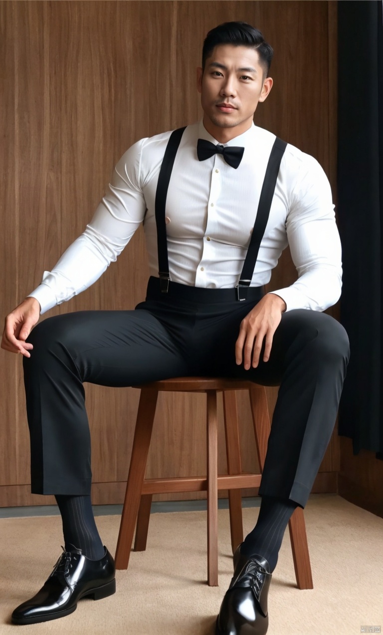 1man,Asian,solo,male focus,exquisite facial features,handsome,charming,muscular,white tight shirt,Suspenders,black pants,(kneehigh sheer socks),footwear,sitting,masterpiece,realistic,best quality,highly detailed, jzns, jznssw, 