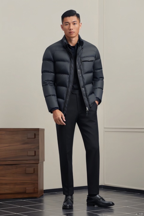  1man,solo,male focus,asian,exquisite facial features,handsome,muscular,down jacket,pants,footwear,standing,full body,(masterpiece, realistic, best quality, highly detailed,profession),jzns,brxu