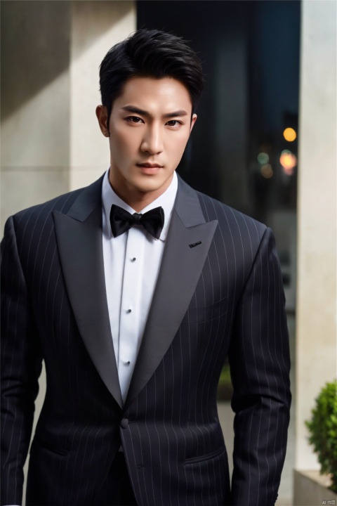  jzns,1man,male focus,asian,exquisite facial features,handsome,corsage,black formal,Volumetric lighting,outdoors,full shot,masterpiece, realistic, best quality, highly detailed, Ultra High Resolution,profession, zuk, jznszz,chg