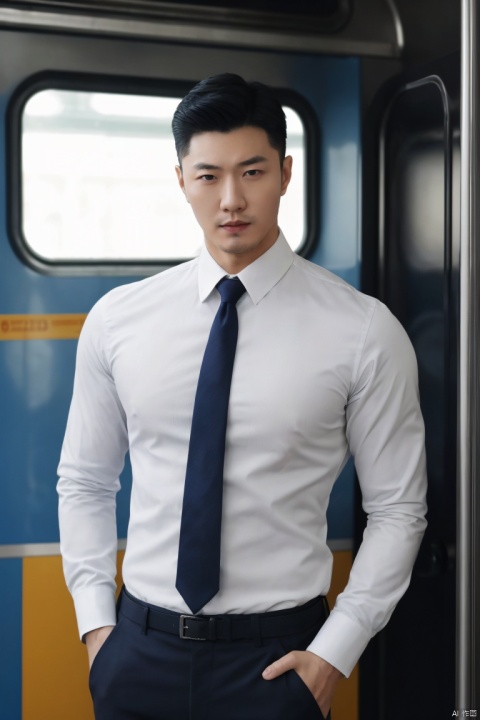 1man,male focus,(masterpiece, realistic, best quality, highly detailed,profession),asian,exquisite facial features,handsome,deep eyes,large pectorales,white shirt,necktie,holding clothes,lean on train interior,(outdoors),cinematic composition,blurry,jzns, hzbz, 