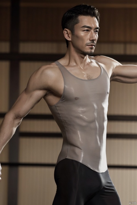  1man,Asian,solo,ballet dancer,male focus,fashion model,40 y.o,exquisite facial features,handsome,muscular,ballet clothes,masterpiece,realistic,best quality,highly detailed,blurry,jzns,tutuhsls,zjh,hbing