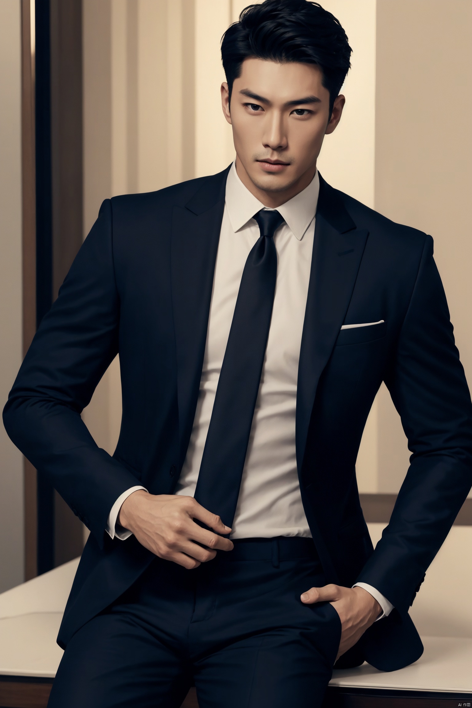  1man,Asian,solo,male focus,exquisite facial features,handsome,muscular,Confident Dressing,exquisite facial features,handsome,deep eyes,muscular,formal suit,shirt,necktie,pants,Tailored Fit,Quality Fabrics,graceful yet melancholic posture,masterpiece,realistic,best quality,highly detailed,blurry, jzns