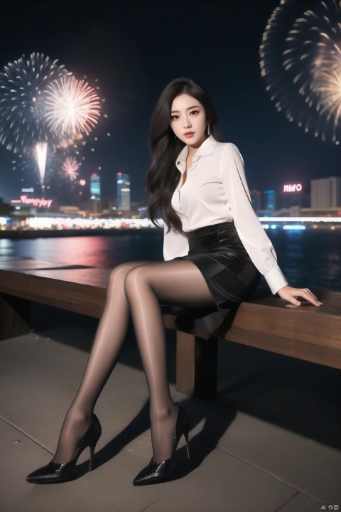  1girl,fashion model,female focus,(masterpiece, realistic, best quality, highly detailed, profession),asian,pretty,Charming eyes,exquisite facial features,suit,dress_shirt,skirt,black pantyhose,high heels,sitting,night,neon,beach of city,new year,cowboy shot,cinematic composition,plns, fireworks, plsw,buo
