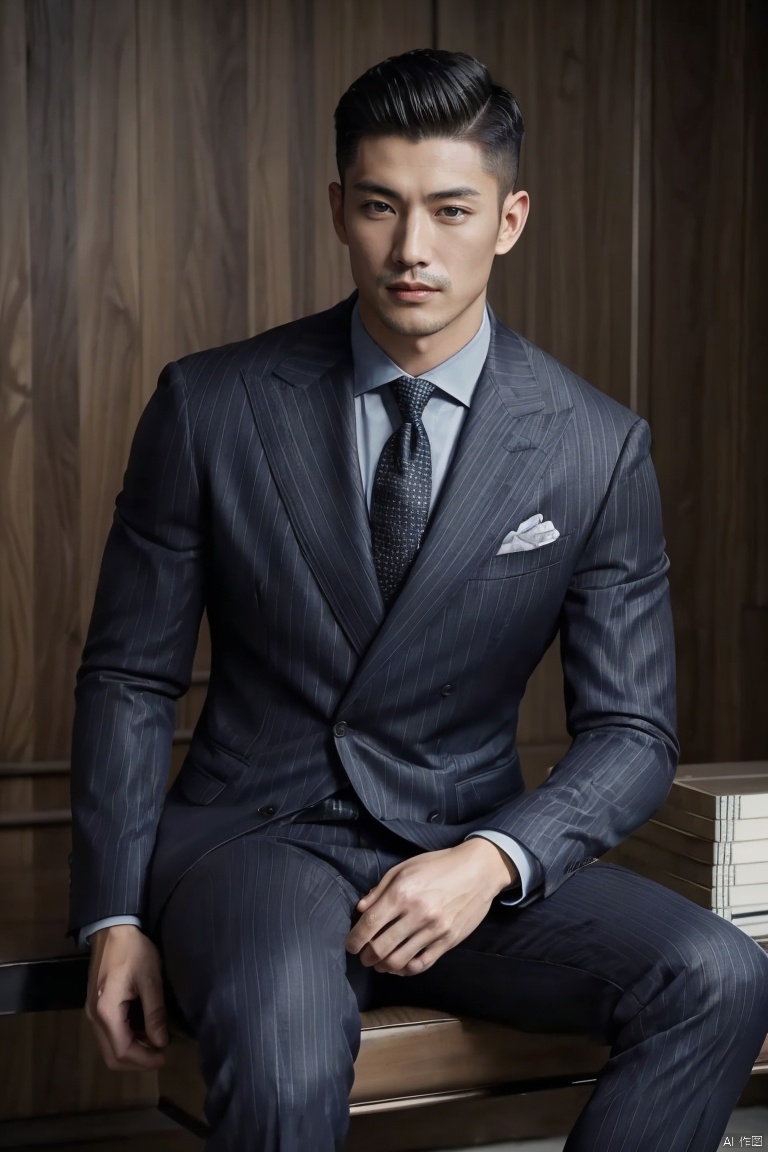  1man,solo,fashion model,male focus,asian,exquisite facial features,handsome,muscular,suit,stripednecktie,pants,boots,sitting,(masterpiece, realistic, best quality, highly detailed,profession), jzns,1man,jznssuit