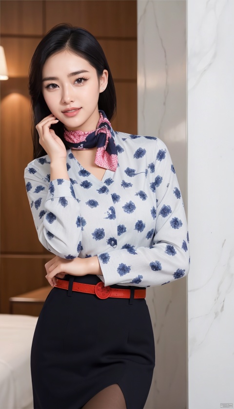  1girl,asian,solo,pretty,charming smile,exquisite facial features,very delicate skin,(dh shirt:1.2),lips,pantyhose,black hair,Silk scarves,high heels,in hotel,dimly lit,cowboy shot,(masterpiece, realistic, best quality, highly detailed,profession),dhkj, plsw