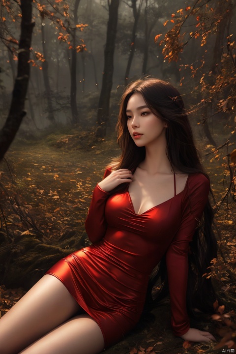  plns,1girl,fashion model,female focus,asian,Charming eyes,exquisite facial features,lying down,red dress,shinny black pantyhose,dark background,nature,branches,overhead view,dramatic,ethereal,outdoor,moody atmosphere,long hair,serene expression,elegance,barefoot,natural light,soft shadows,earthy tones,artistic composition,fantasy-like,mysterious vibe,plns