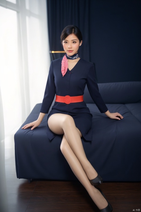  1girl,asian,solo,pretty,charming,exquisite facial features,very delicate skin,(dh dress),pantyhose,black hair,Silk scarves,sitting,(ambient light:1.3),(cinematic composition:1.3),Accent Lighting,Volumetric lighting,plns,blurry,(masterpiece, realistic, best quality, highly detailed, profession),dhkj,nudestocking,