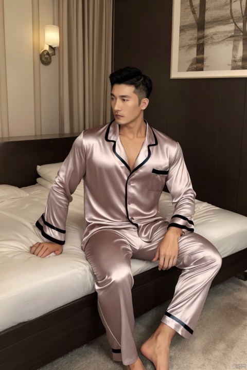  1man,male focus,asian,fashion model,40 y.o,exquisite facial features,handsome,muscular,Silk pajamas,underwear,full shot,masterpiece, realistic, best quality, highly detailed,jzns,hbing, jzns,1man