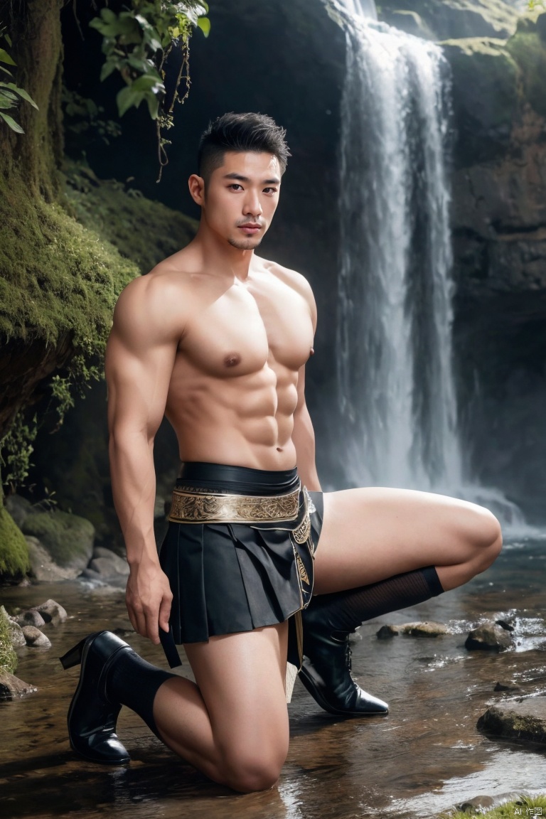  1man,asian,exquisite facial features,charming eyes,handsome,male focus,topless,(in horse-face skirt),black stockings,abdominal muscle,muscle,holding a sword,pectorales,kneeling,waterfall background,full body,Natural light,Grey Film filter,(Canon RF 85mm f/1.2),Dynamic angle,(masterpiece, realistic, Realism, best quality, highly detailed, 8K Ultra HD, sharp focus, profession), jzns,chg,brxu,gx3
