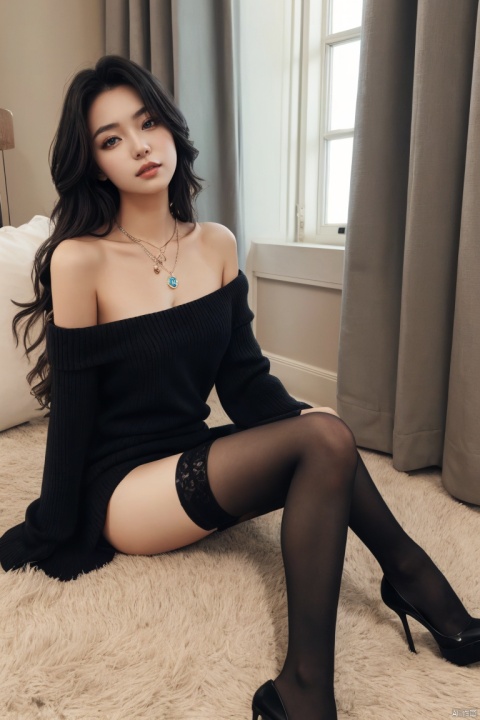  futuaner, 1girl, solo, thighhighs, high heels, sitting, long hair, black thighhighs, necklace, realistic, jewelry, looking at viewer, wariza, black hair, off shoulder, ((poakl)), plns