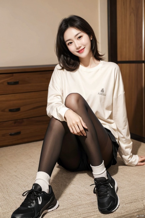  plns,solo,1girl,model pose,asian,pretty,Charming ,exquisite facial features,delicate skin,smile,shirt,black pantyhose,sneakers,socks,Soft lighting,blurry,masterpiece, realistic, best quality, highly detailed,