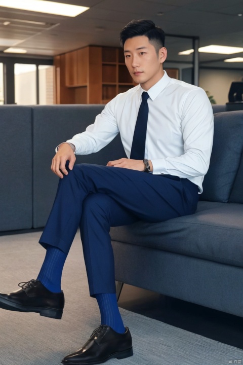  jzns,1man,male focus,asian,exquisite facial features,handsome,sweater_vest,necktie,pants,(navy sheer socks),footwear,sitting,couch,Volumetric lighting,blurry,full shot,in office,(masterpiece, realistic, best quality, highly detailed:1.2),(photorealistic:1.3), Ultra High Resolution,1080P,jznssw,br