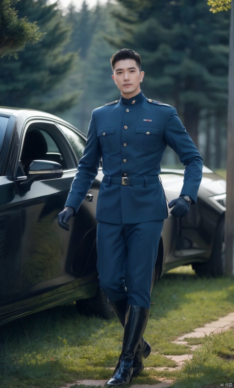  1man,(masterpiece, realistic, Realism, best quality, highly detailed, 8K Ultra HD, sharp focus, profession),asian,exquisite facial features,handsome,tall,male focus,military_uniform,(knee_boots),gloves,armband,muscular,full body,soft lighting,blurry,outdoors,At dusk,Dynamic angle,1man