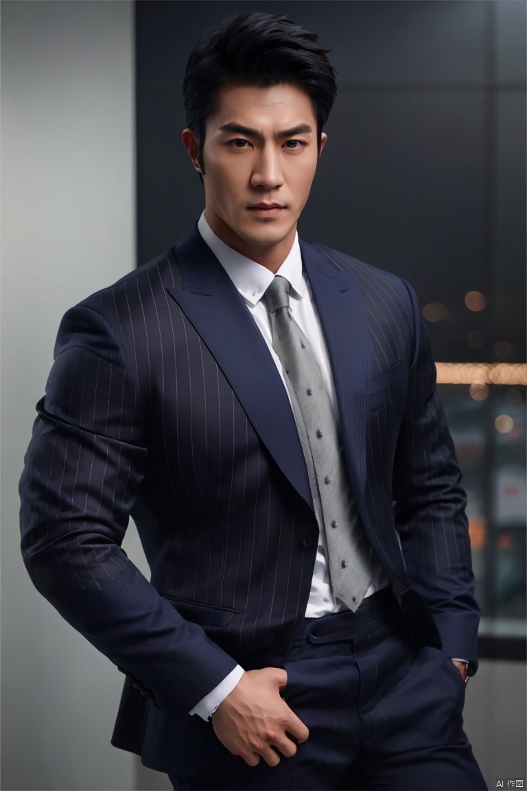 1man,Asian,solo,male focus,exquisite facial features,handsome,charming,solo,muscular,formal suit,shirt,pants,Volumetric lighting,masterpiece,realistic,best quality,highly detailed, jzns, jznssw,chg