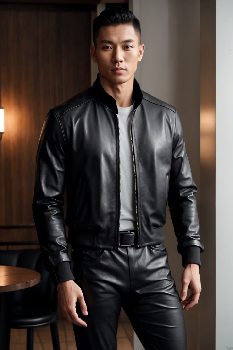  1man,solo,male focus,asian,exquisite facial features,handsome,muscular,zipper jacket,slim fit leather pants,belt,bulge,standing,in cafe,dimly lit,(masterpiece, realistic, best quality, highly detailed,profession),jzns,brxu
