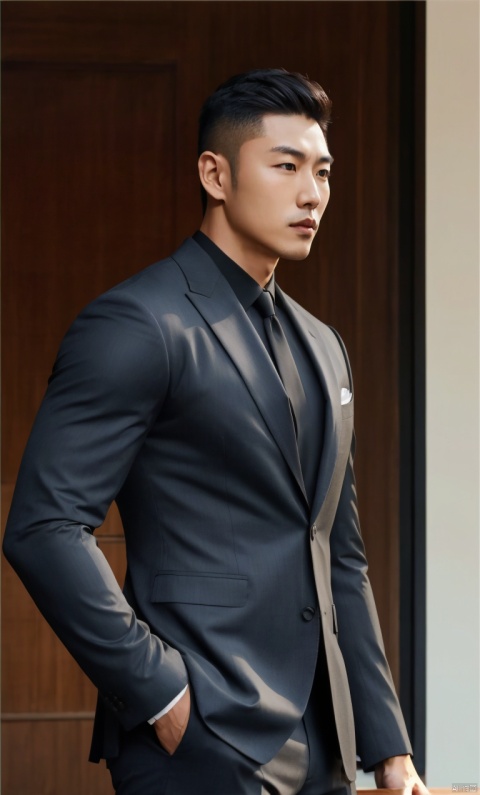  1man,Asian,solo,male focus,exquisite facial features,handsome,charming,muscular,black suit,pants,from side,bulge,hips,masterpiece,realistic,best quality,highly detailed, jzns, jznssw