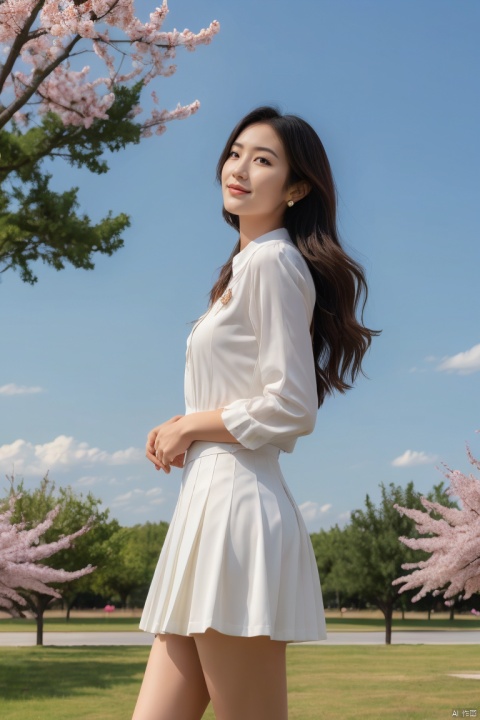 1girl,pretty,asian,Delicate features, white clothes, blue JK uniform,white stockings,full chest, long legs, long hair fluttering, cherry blossom, blue sky, White Clouds, breeze,looking away, shot from side, Best Quality, Super High Resolution, 1girl,full shot,outdoors,plns,1girl, plns