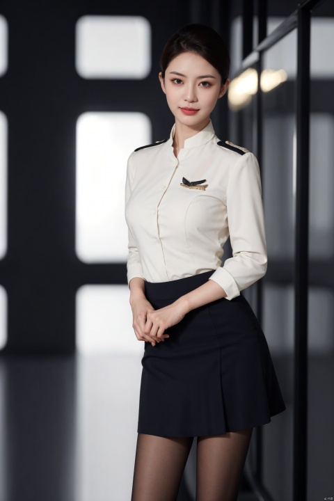  1girl,fashion model,female focus,(masterpiece, realistic, best quality, highly detailed, profession),asian,pretty,Charming eyes,exquisite facial features,short hair,skirt,aviation uniforms,black pantyhose,high heels,standing,indoors,full shot,blurry,beautifully detailed background,(ambient light:1.3),(cinematic composition:1.3),(neon lights:0.1),(HDR:0.1),Accent Lighting,plns,kongjie