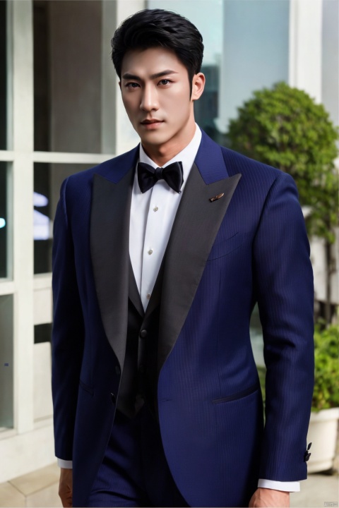  jzns,1man,male focus,asian,exquisite facial features,handsome,navy formal,Volumetric lighting,outdoors,full shot,masterpiece, realistic, best quality, highly detailed, Ultra High Resolution,profession, zuk, jznszz,chg