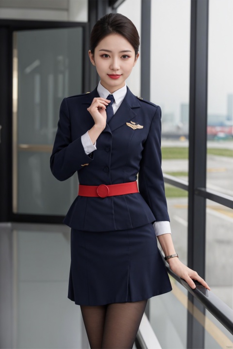 plns,kongjie,1girl,aviation uniforms,asian,pretty,Charming,exquisite facial features,skirt,dress,pantyhose,high heels,full shot,simple_background,blurry,(masterpiece, realistic, best quality, highly detailed, profession),