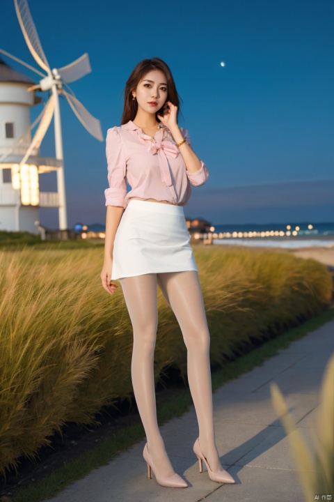  plns,1girl,exquisite facial,pretty,charming eyes,asian,white skirt,pink shirt,(nude pantyhose:1.2),panties,(panty under pantyhose:1.2),high heels,full shot,dimly lit,outdoors,seaside, beach,blurry foreground, night sky, grass, blurry, cloud, depth of field, fantasy, flower,windmill, masterpiece,photorealistic,best quality,highly detailed,highres,plsw,laxu