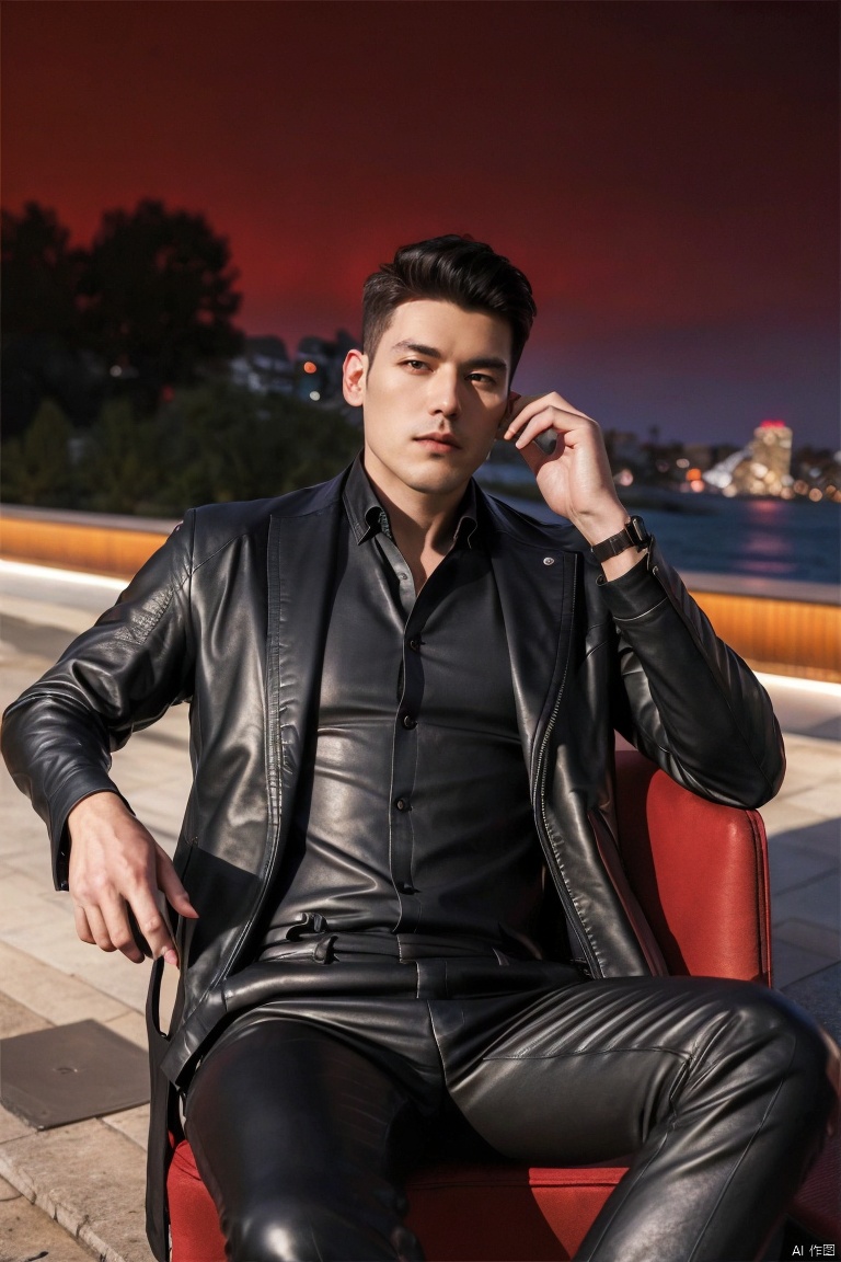  1man in his late twenties reclines with confidence against a deep red backdrop,His black attire and leather jacket exude a bad-boy aura, A mysterious briefcase and a cigarette add to his enigmatic presence,(masterpiece, realistic, best quality, highly detailed:1.2),(photorealistic:1.3),full shot,outdoors, jzns,zuk