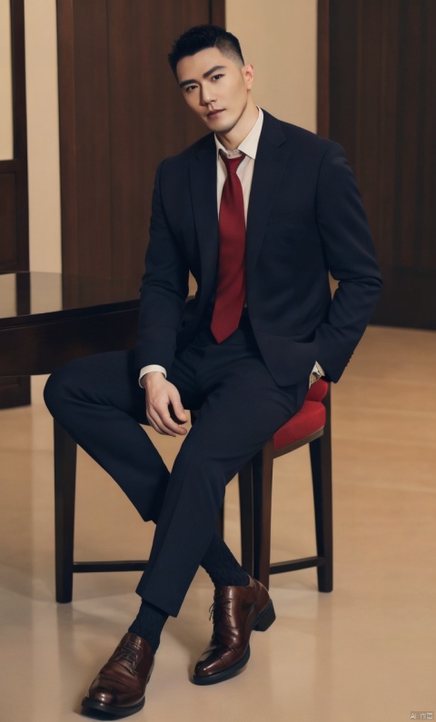  a man,male focus,(masterpiece, Realism, best quality, highly detailed,profession),asian,exquisite facial features,handsome,muscular,sitting on chair,casual suit,red socks,oxford footwear,Black necktie,full body shot,soft lighting,blurry,xiewa, 1man