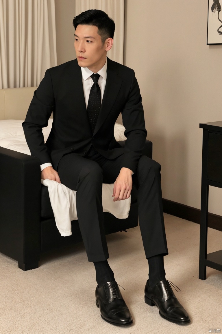  1man,male focus,asian,exquisite facial features,handsome,deep eyes,muscular,suit,pants,(black sheer socks),footwear,solitary and mysterious atmosphere,graceful yet melancholic posture,full shot,dutch angle,from_side,medium_shot,dramatic,Tyndall effect,(masterpiece, realistic, best quality, highly detailed, Ultra High Resolution, Photo Art, profession),jzns,br, jzns