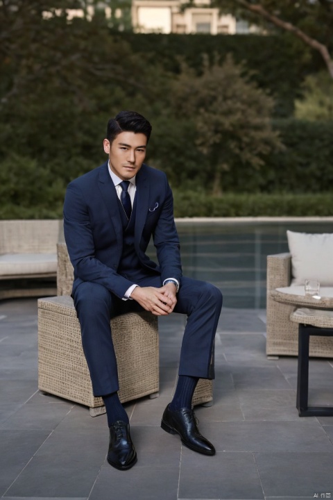  jzns, zuk,1man,male focus,asian,exquisite facial features,handsome,formal suit,shirt,necktie,pants,(navy sheer socks),footwear,sitting,Volumetric lighting,blurry,full shot,outdoors,masterpiece, realistic, best quality, highly detailed, Ultra High Resolution,profession,hbing