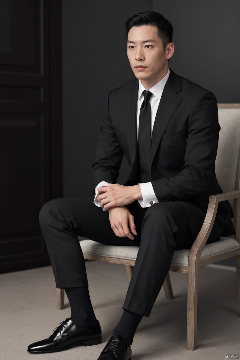  1man,male focus,asian,exquisite facial features,handsome,deep eyes,muscular,suit,pants,(black sheer socks),footwear,solitary and mysterious atmosphere,graceful yet melancholic posture,full shot,dutch angle,from_side,medium_shot,moody lighting,(masterpiece, realistic, best quality, highly detailed, Ultra High Resolution, Photo Art, profession),jzns,br,Beyondv4-neg,NegfeetV2
